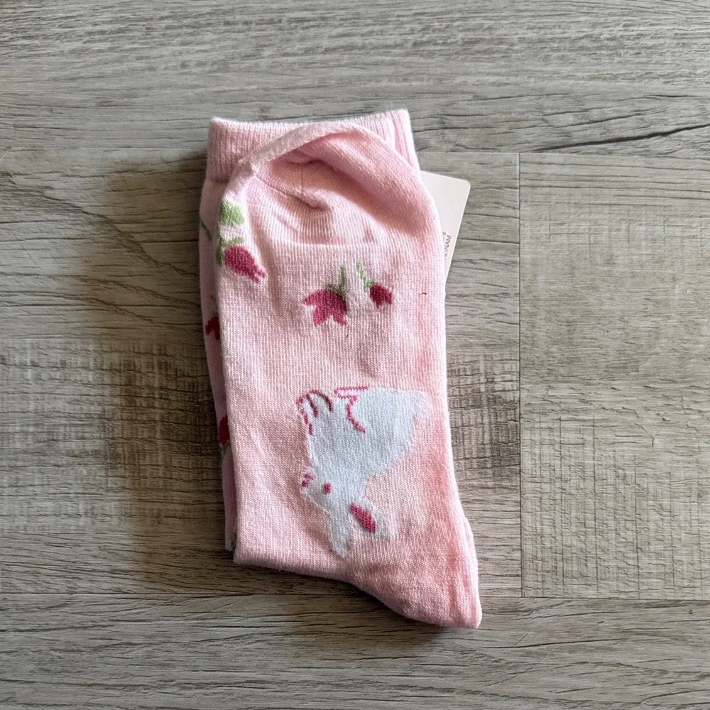 Pink Tulip & Bunny Crew Socks | Feminine Floral Soft Knit Boutique Socks